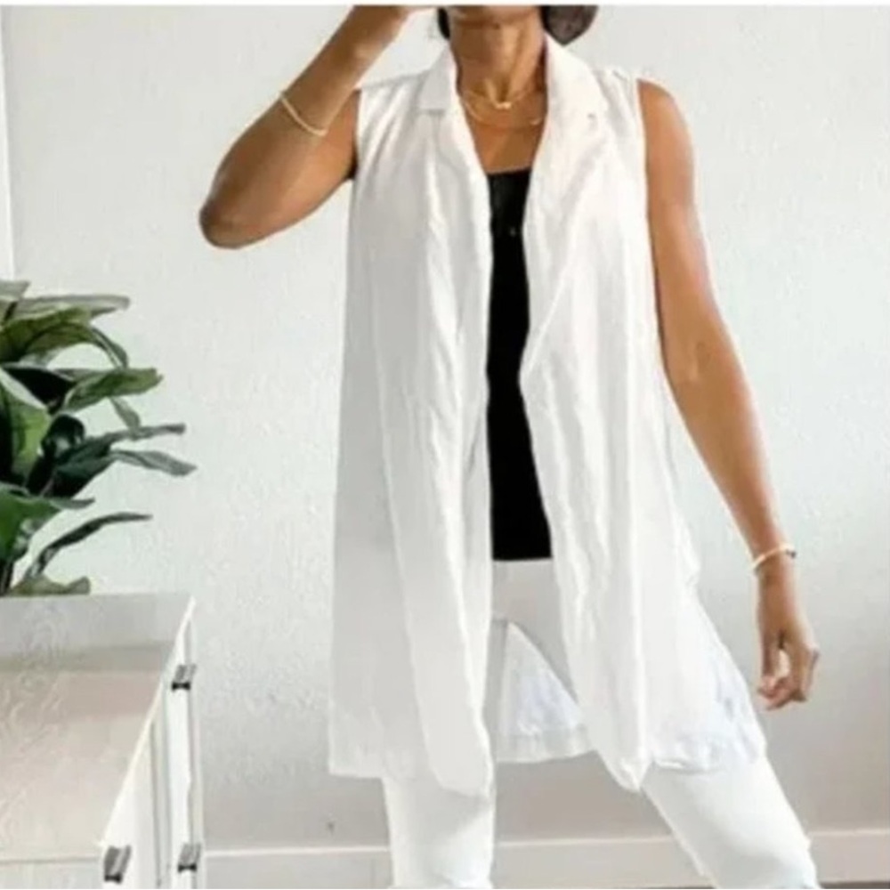J. Jill White Linen Open Front Collared Long Vest Size L US 14/16
